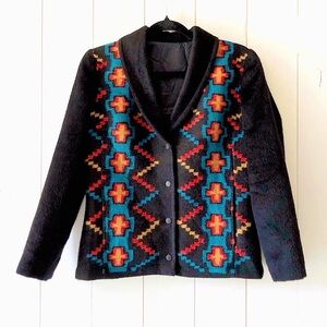 Tabask Alpaca Wool Handmade in Peru Black Southwestern Pattern Jacket Size S